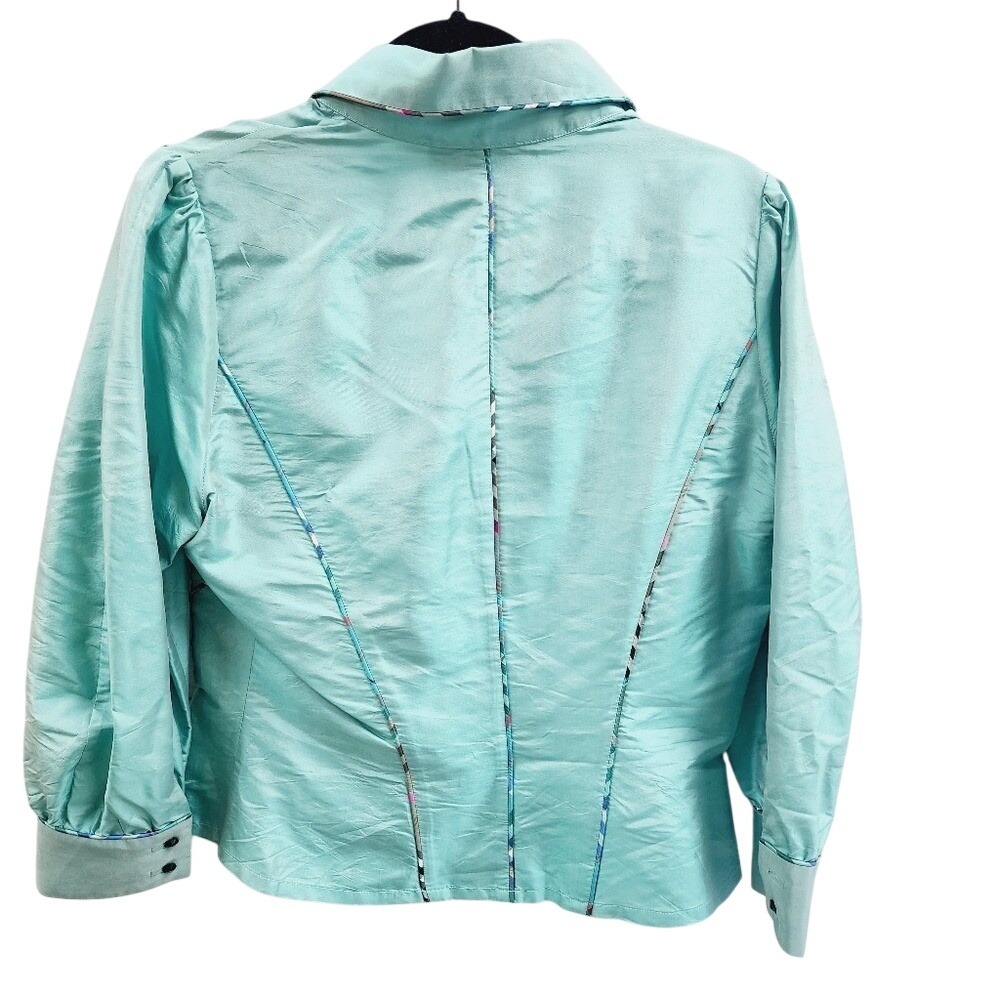 Marisa Baratelli Aqua Blue 100% Thai Silk Button Up Blouse Top Size 10 - Picture 6 of 8